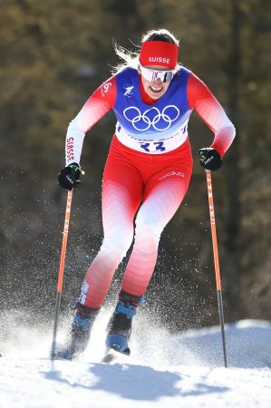 ZHANGJIAKOU, CHINA - FEBRUARY 08: Alina Meier of Team Switzerland  during the Women's Cross-Country Sprint Free Qualification on Day 4 of the Beijing 2022 Winter Olympic Games at The National Cross-Country Skiing Centre on February 08, 2022 in Zhangjiakou, China. (Photo by Al Bello/Getty Images)